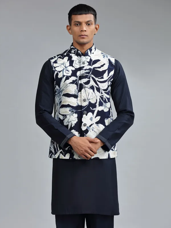 Traditonal printed dark navy silk waistcoat set