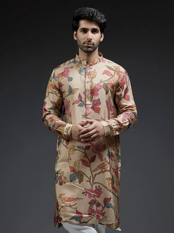 Trendy applique beige printed silk kurta suit for men