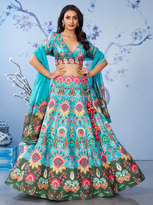 Trendy aqua printed lehenga choli in silk