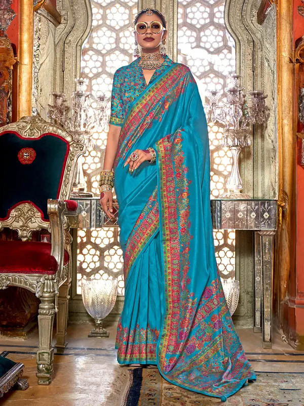 Trendy aqua printed viscose saree