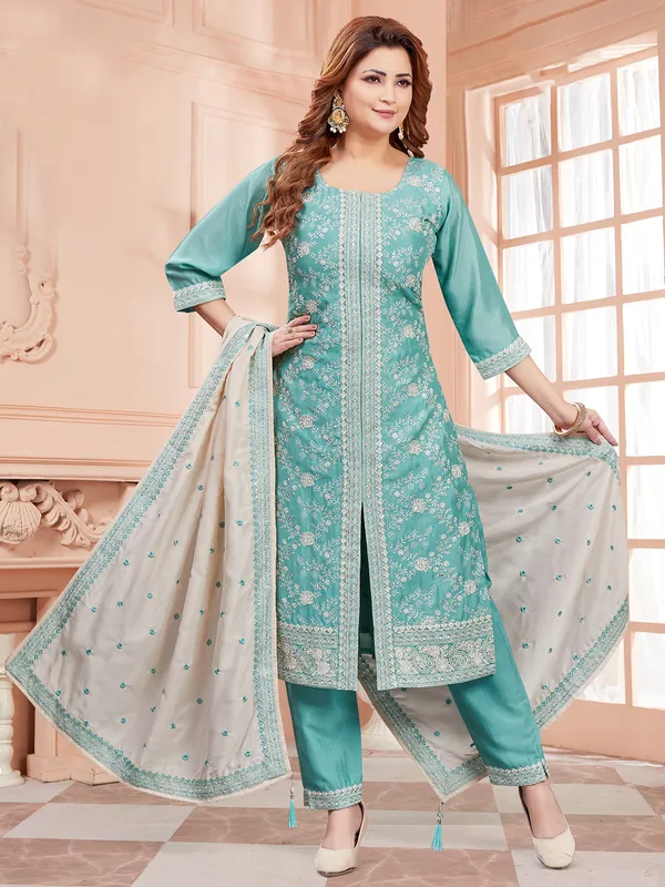 Trendy aqua salwar suit with contrast dupatta
