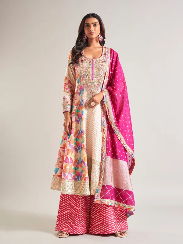 Trendy beige cotton silk palazzo salwar suit