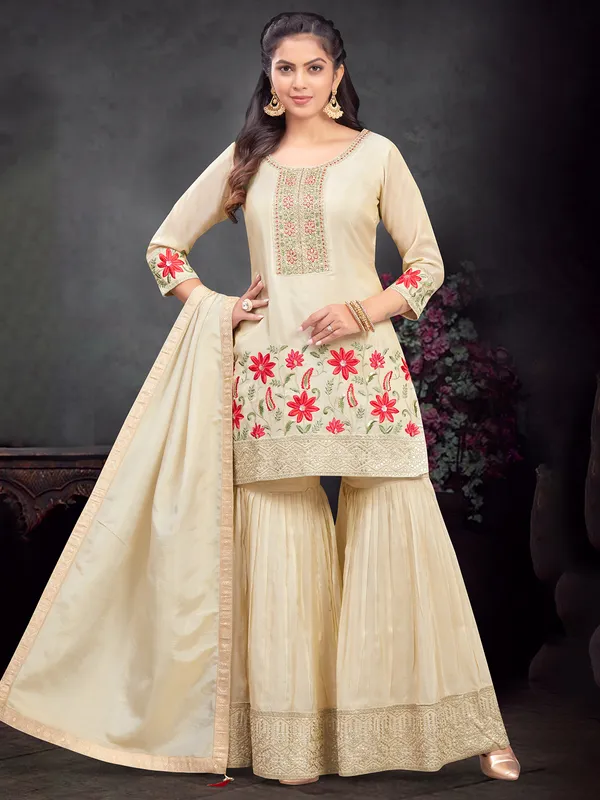 Trendy beige cotton silk sharara salwar suit