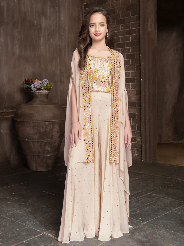 Trendy beige georgette jacket style palazzo suit