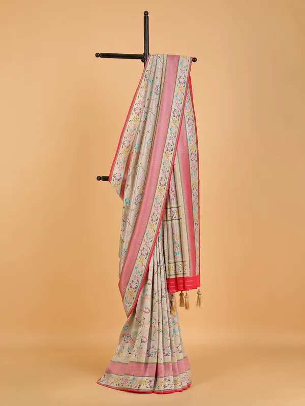 Trendy beige pashmina silk wedding look saree