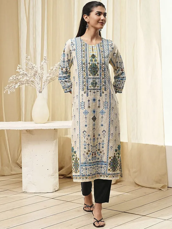 Trendy beige printed cotton silk kurti