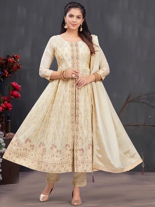 Trendy beige silk salwar suit with dupatta