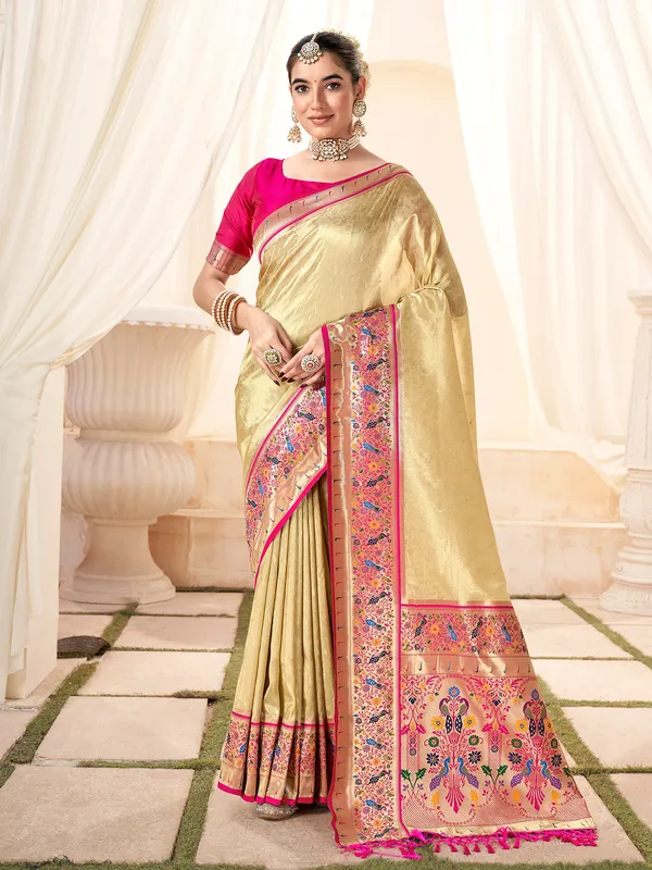 Trendy beige tissue silk printed saree