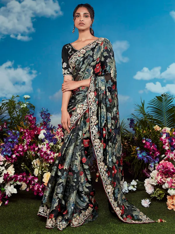 Trendy black embroidery braso saree