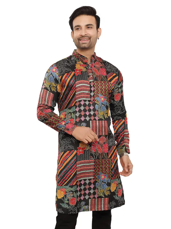 Trendy black printed silk kurta