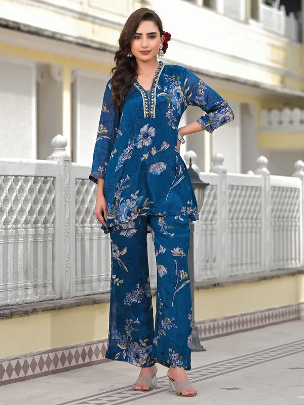 Trendy blue printed silk kurti set