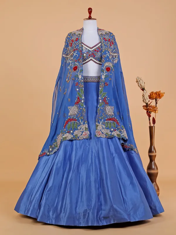 Trendy blue raw silk lehenga choli for wedding