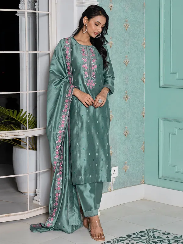 Trendy blue silk embroidery salwar suit