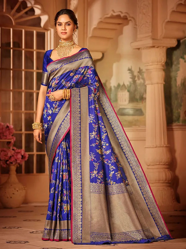 Trendy blue silk zari weaving saree