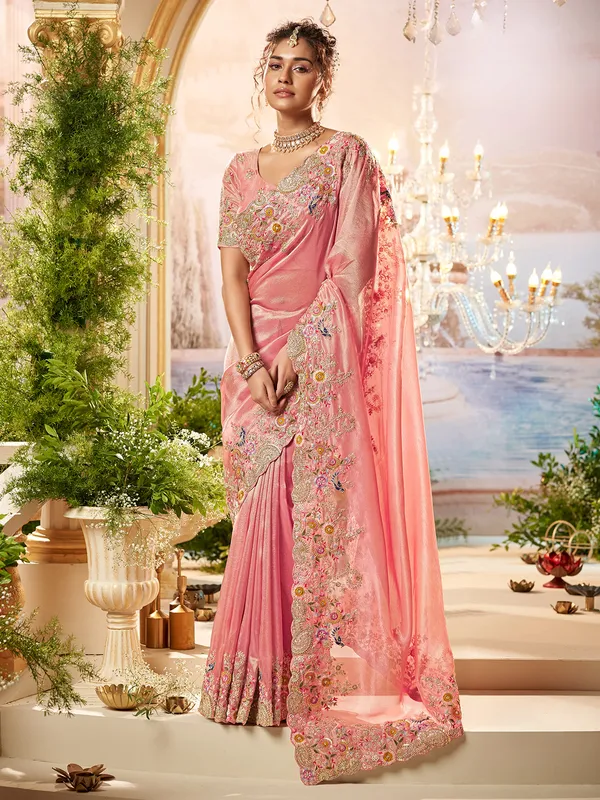 Trendy bright pink tissue silk saree