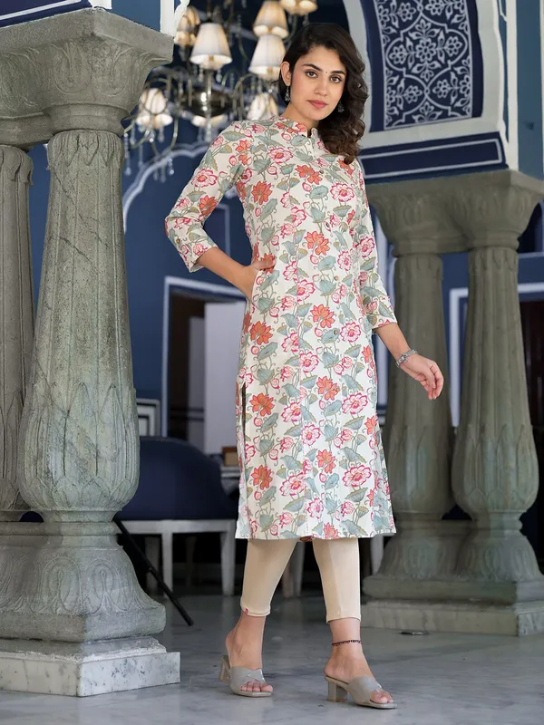 Trendy cotton off-white floral printed kurti