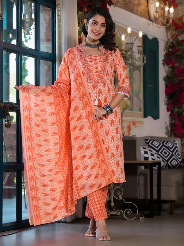 Trendy cotton printed orange kurti set