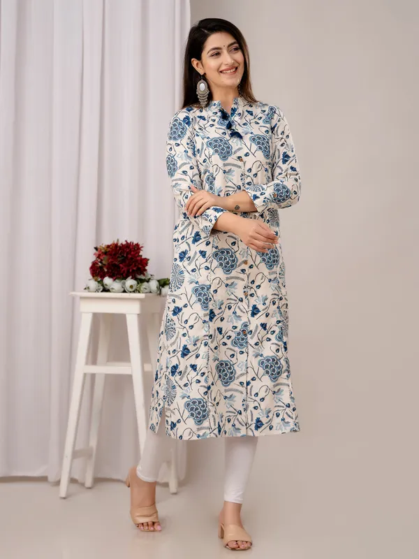 Trendy cream and blue kurti cotton printed kurti