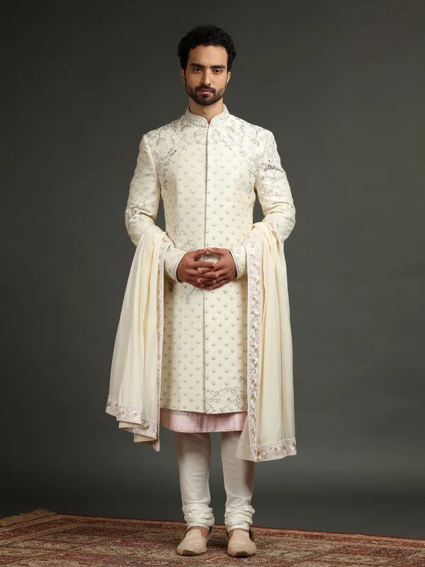 Trendy cream embroidery sherwani