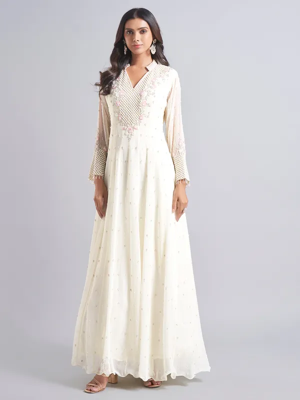 Trendy cream silk anarkali salwar suit