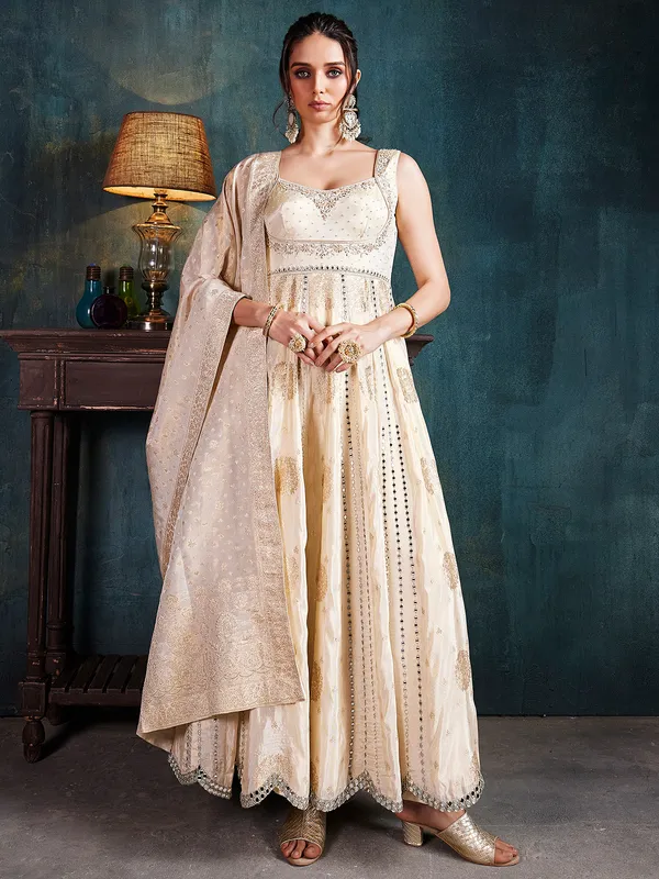 Trendy cream silk anarkali suit with dupatta