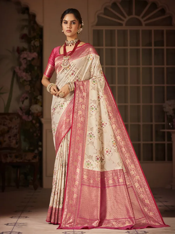 Trendy cream silk zari weaving saree