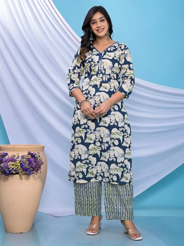 Trendy dark blue cotton kurti set