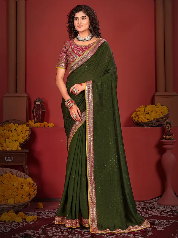 Trendy dark olive silk saree for festive