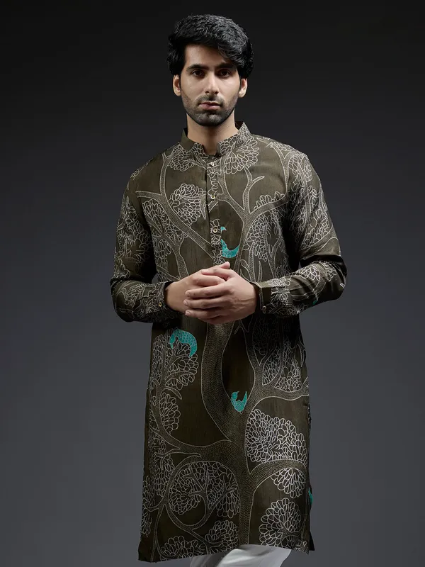 Trendy dark olive tree printed silk kurta suit for men