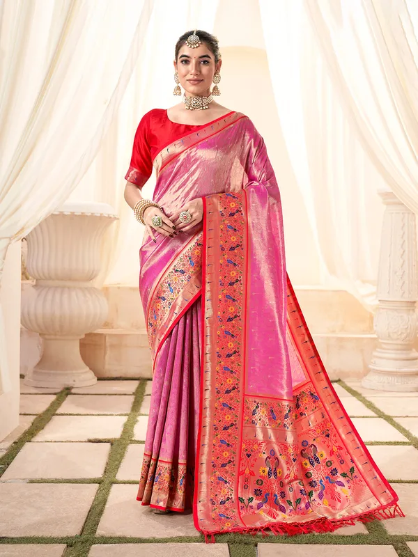 Trendy dark pink tissue silk printed saree