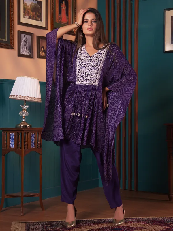 Trendy dark purple silk printed co ord set