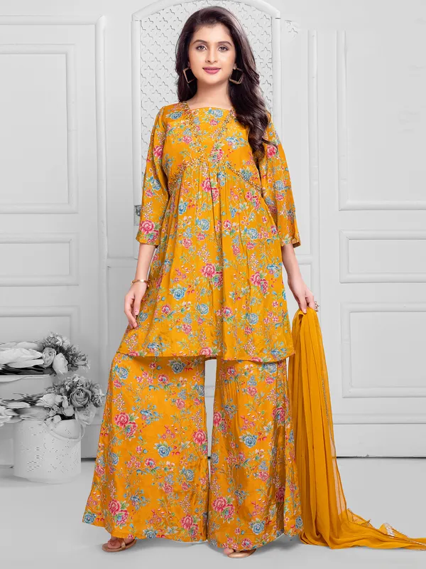 Trendy floral printed mustard yellow palazzo set