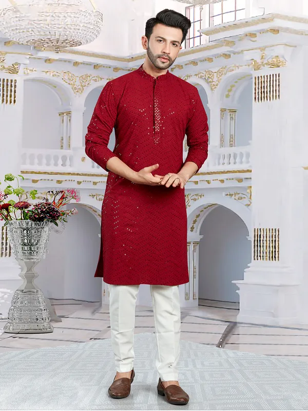 Trendy georgette maroon  Men Kurta pajama