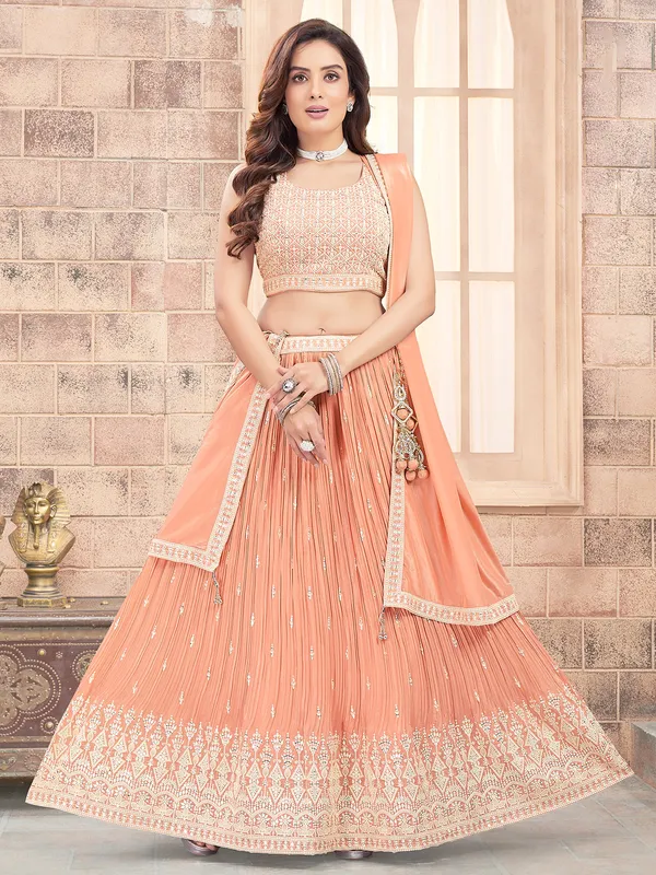 Trendy georgette peach lehenga choli with dupatta