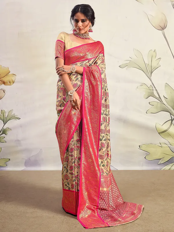 Trendy golden and magenta silk saree