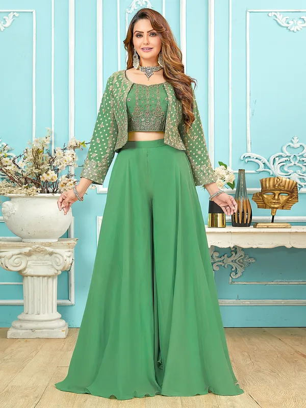 Trendy green jacket style palazzo suit