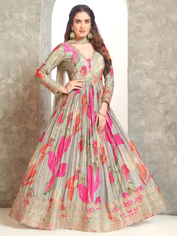 Trendy grey anarkali salwar suit with dupatta