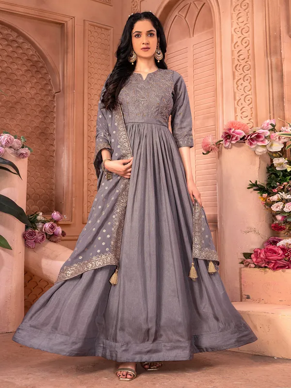 Trendy grey dola silk anarkali suit