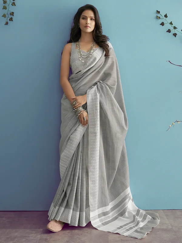 Trendy grey linen saree