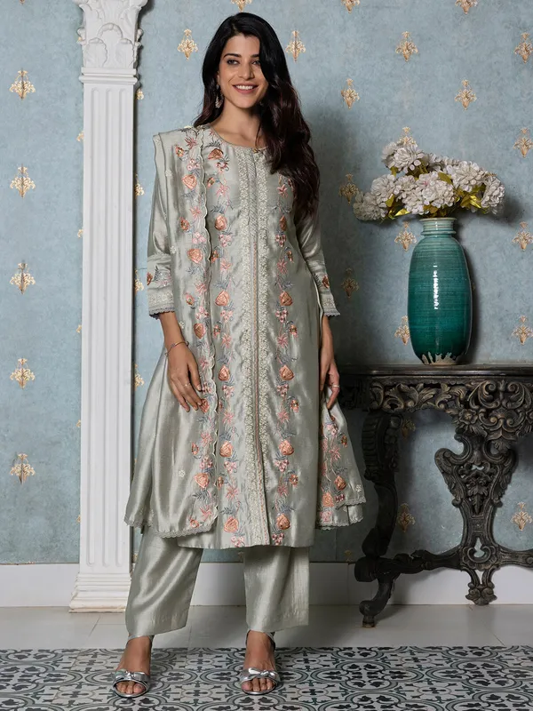 Trendy grey silk embroidery salwar suit