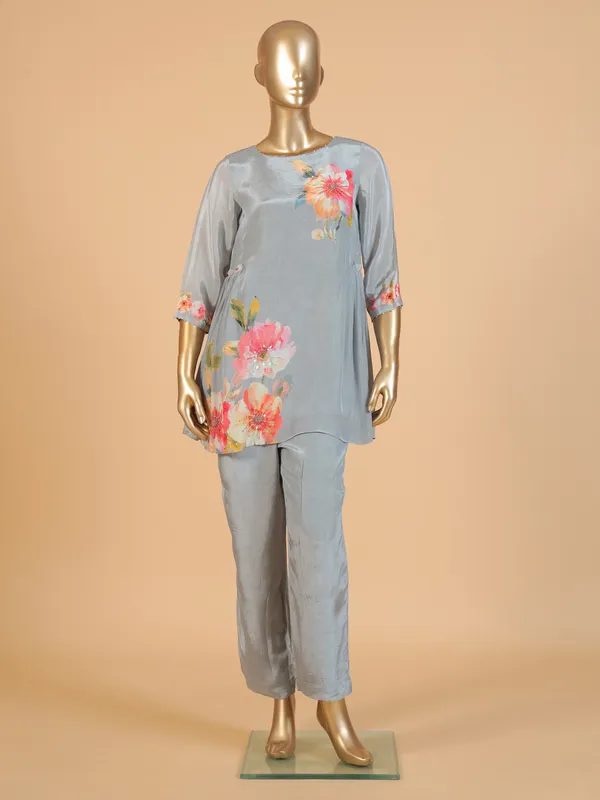 Trendy grey silk printed co-ord set