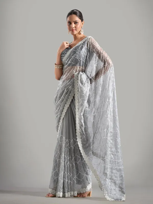 Trendy grey tissue silk saree