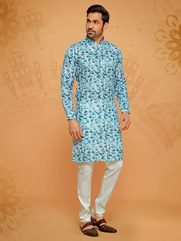 Trendy light blue printed kurta set for men