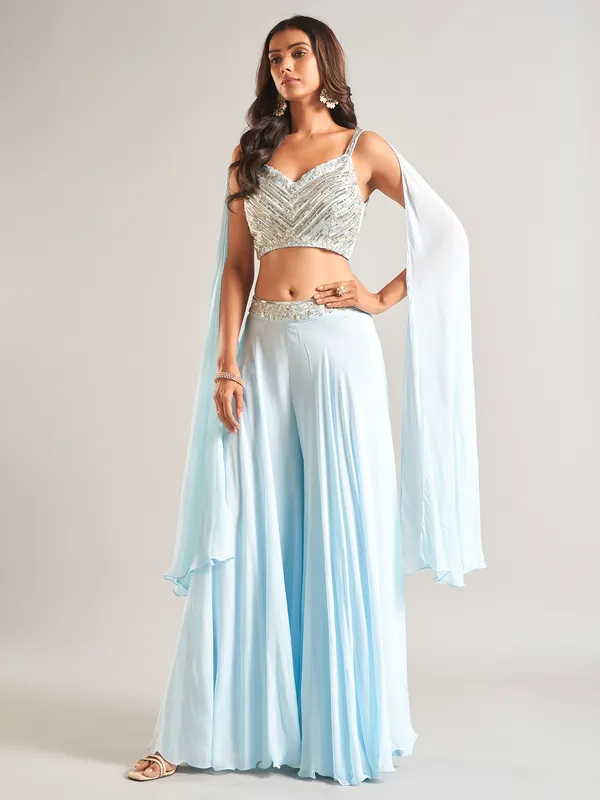 Trendy light blue silk palazzo salwar suit