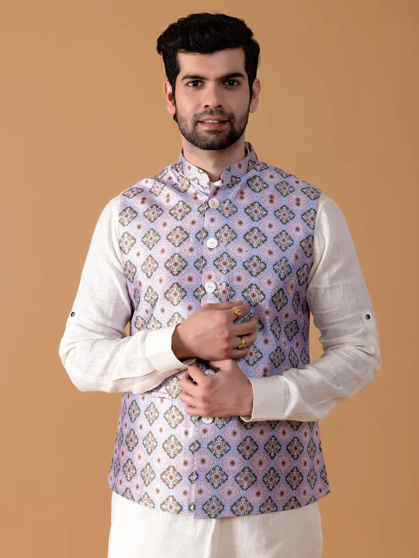 Trendy light blue silk printed waistcoat