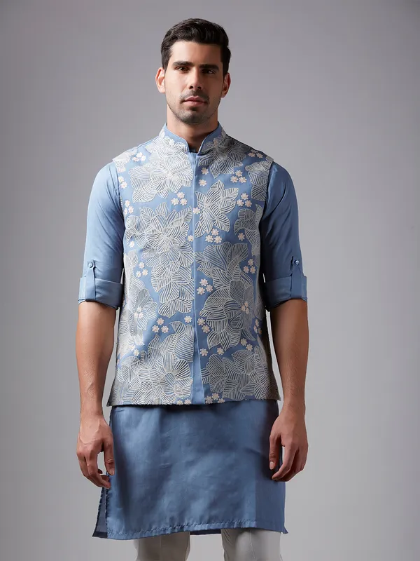 Trendy light blue silk waistcoat set