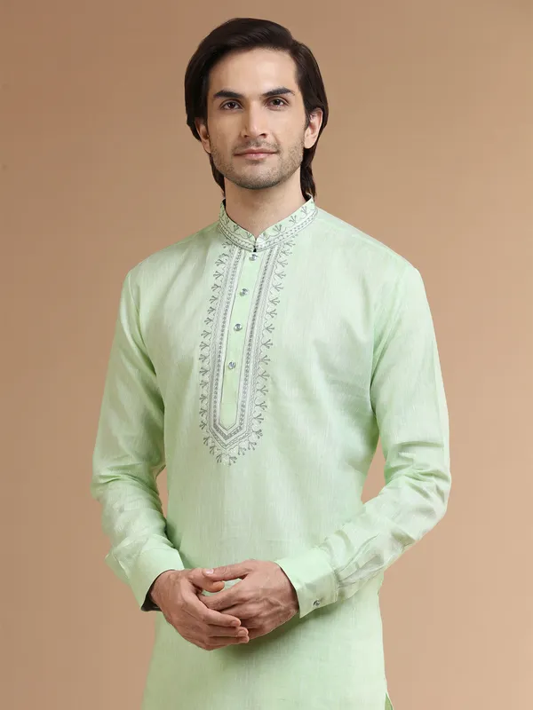 Trendy light green linen kurta suit