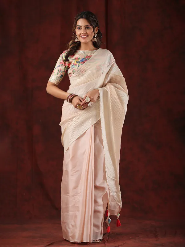 Trendy light peach tussar silk saree