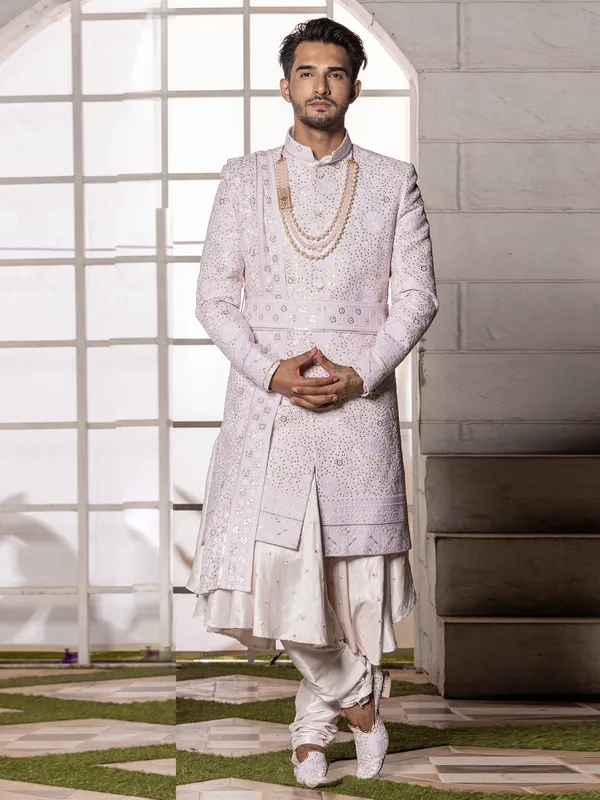 Trendy lilac purple silk sherwani for groom