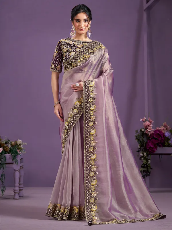 Trendy lilac purple tissue silk saree for wedding